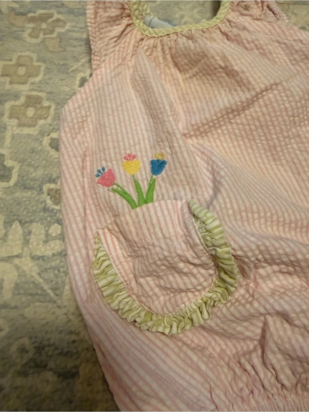 Little English Pink Striped Bubble Romper with Floral Pocket Appliqués
